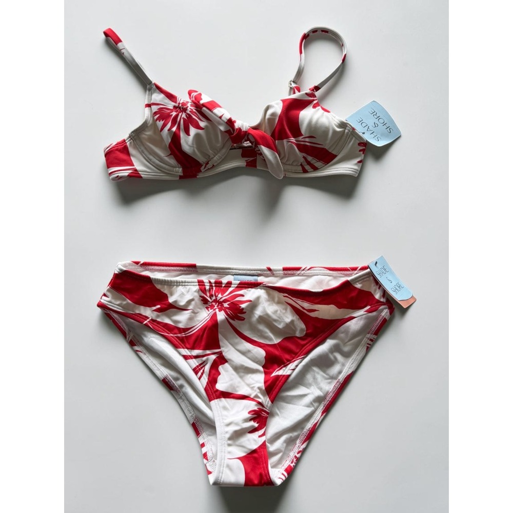 Shade & Shore Red White Floral Underwire Bikini Set 32B Small NWT
